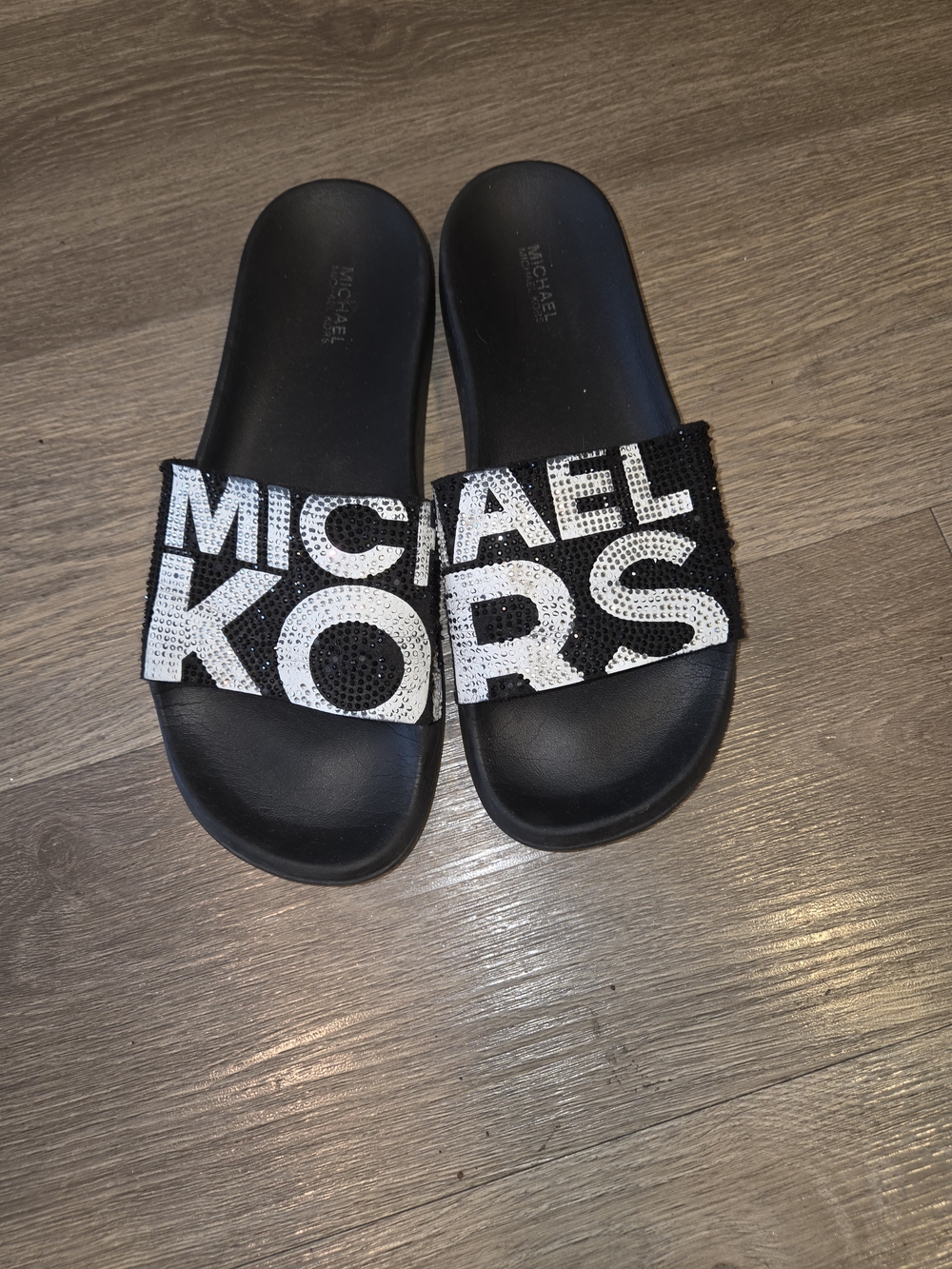 Michael Kors Black Slide Sandals with White Logo Crystal Accents